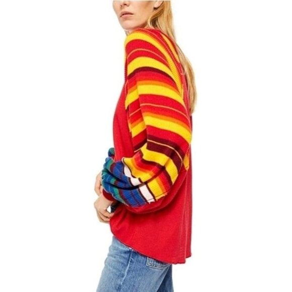 Free People Womens Red Color Block Striped Long Sleeve Jewel Neck Sweater Size X - Picture 2 of 8